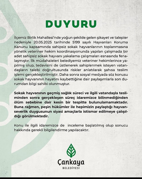 Belediyeden olayla ilgili bir açıklama geldi.