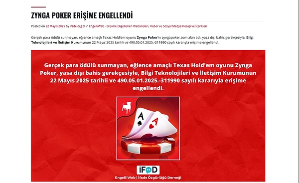 Bilgi Teknolojileri ve İletişim Kurumu (BTK), dün (22 Mayıs) 490.05.01.2025.-311990 sayılı kararı ile zyngapoker.com'a erişim engeli getirdi. Gerekçe olarak, ''yasa dışı bahis'' denildi. Görseli