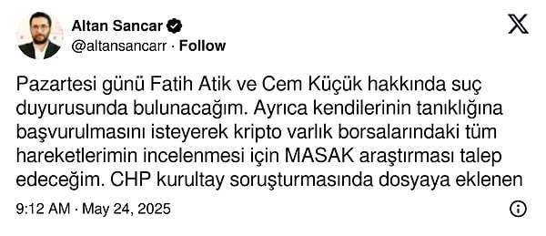 Altan Sancar, suç duyurusunda bulunacağını açıkladı.