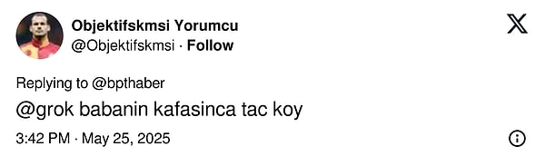 X'te '@Objektifskmsi' isimli kullanıcı Twitter'ın yapay zekası Grok'tan bir istekte bulundu. Görseli