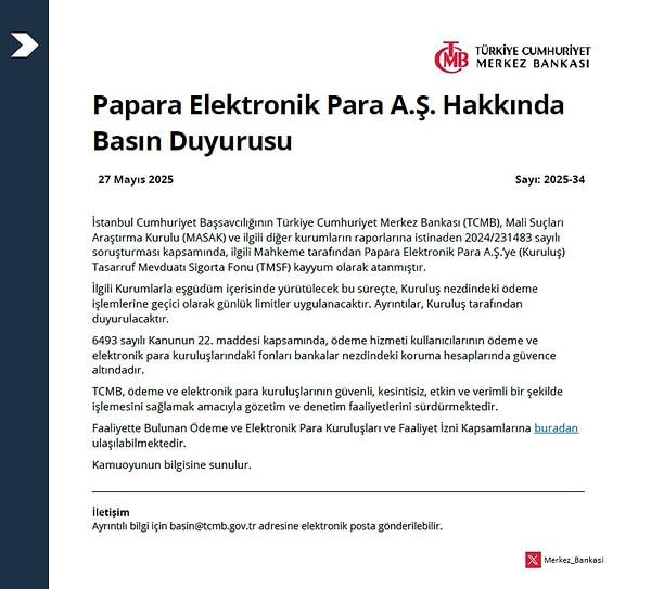Merkez Bankası’nın Papara açıklaması 👇