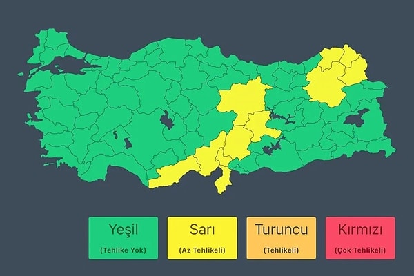 Meteoroloji Genel Müdürlüğü, İstanbul'un kuzeyi, Antalya’nın iç kesimleri, Balıkesir’in doğusu, Bursa'nın güneyi, Sakarya çevreleri, Malatya çevreleri ve Van'ın doğu ilçelerinde sağanak ve gök gürültülü sağanak uyarısında bulundu.