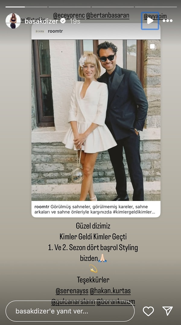 Bu iddialara cevap vermeyen Başak Dizer iki haftanın ardından yaptığı paylaşımda Serenay Sarıkaya ve Hakan Kurtaş'ın pozunu hikayesine ekledi.