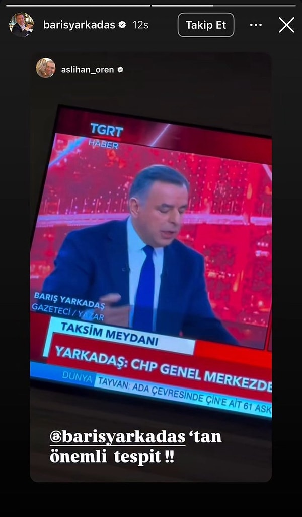 TGRT’nin bağlı olduğu İhlas Holding’in Yönetim Kurulu Başkanı Ahmet Mücahid Ören’in eşi olan Aslıhan Ören, bu sefer sosyal medya hesabından Barış Yarkadaş’ı paylaştı.