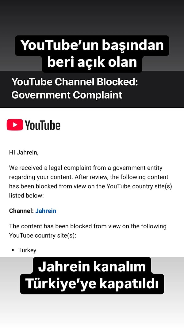 Kararı Instagram hesabından duyuran Ahmet Sonuç, YouTube tarafından kendisine gönderilen bilgilendirme mailini paylaştı.