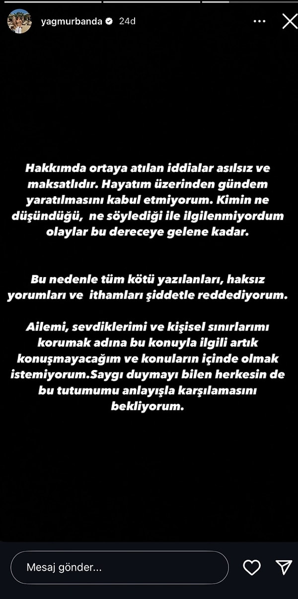İşte Yağmur'un aşk dedikodularını yalanladığı o paylaşım: