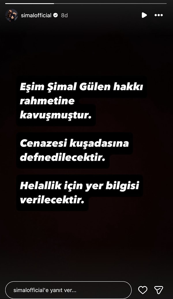 Şimal'in vefatını eşi Necati Arıcı, Instagram hesabından bu paylaşım ile duyurdu.