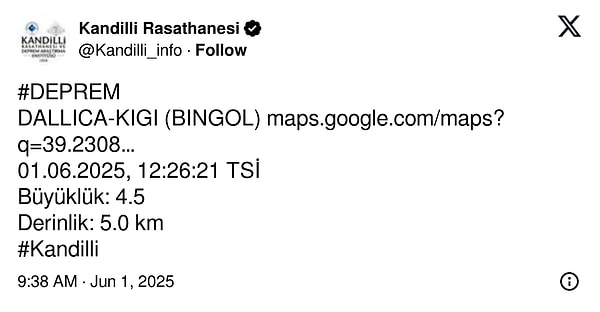 Kandilli Rasathanesi’nin paylaşımı 👇