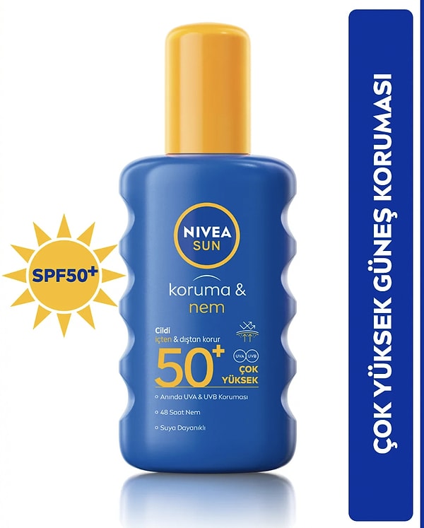 10. Trendyol’un marka indirimlerinde NIVEA SUN SPF50 Vücut Spreyi, cildinizi güneşin zararlı UVA/UVB ışınlarından korurken 48 saat nemlendirme sağlıyor!