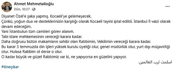Sosyal medya hesabından açıklama yapan Ahmet Mehmetalioğlu, İstanbul İl Vaizi olarak görevlendirildiğini duyurdu.