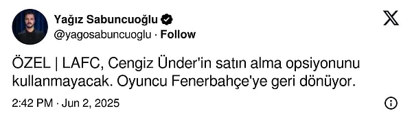 Yağız Sabuncuoğlu'nun Cengiz Ünder'in Fenerbahçe'ye geri döneceğini duyurduğu sosyal medya paylaşımı Görseli