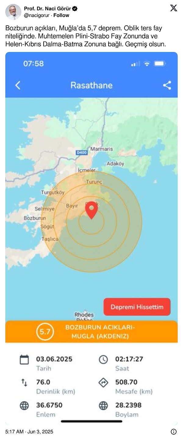 Naci Görür yaşanan deprem hakkında sosyal medya hesabından açıklama yaptı: