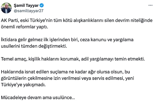 Şamil Tayyar’ın sosyal medya hesabından yaptığı açıklama şu şekilde: Görseli