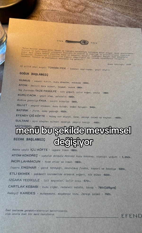 İşte menünün tamamı ve fiyatlar: