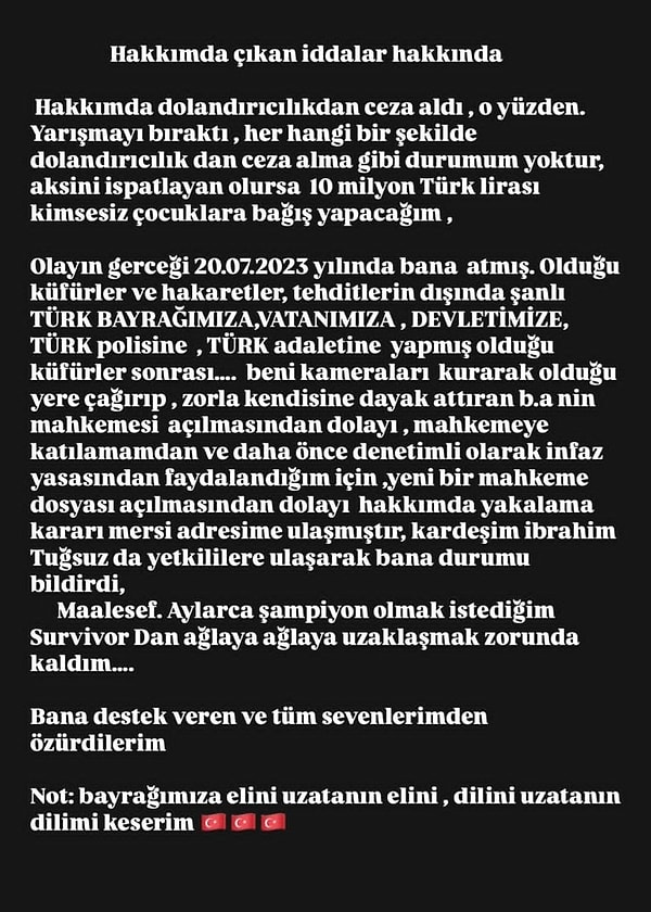 Hikmet Tuğsuz, yarışmayı bırakma nedeni ile hakkındaki tutuklama kararı ve "silahla adam yaralama" suçuna ilişkin açıklama yaptı. Görseli