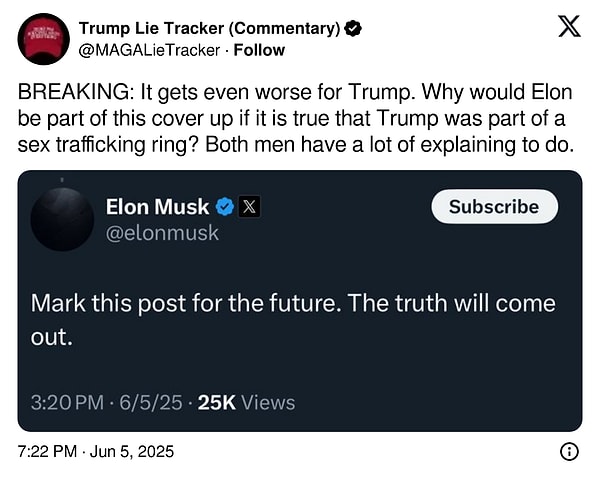 "Trump için işler daha da kötüleşiyor. Trump'ın bir seks ticareti çetesinin parçası olduğu doğruysa Elon neden bu örtbasın bir parçası olsun ki? Her ikisinin de açıklaması gereken çok şey var"