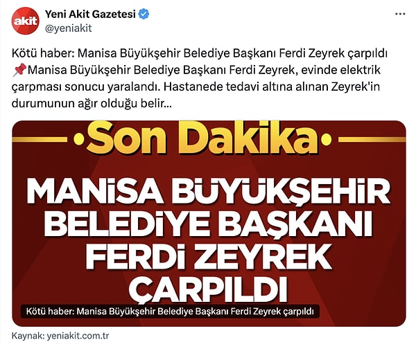 Yeni Akit'in X hesabındaki paylaşımı şu şekildeydi; Görseli