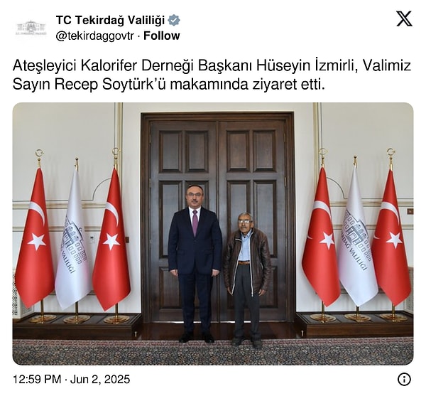 Tekirdağ Valisi Valisi Recep Soytürk, Ateşleyici Kalorifer Derneği Başkanı Hüseyin İzmirli ile bir araya geldi. Görseli