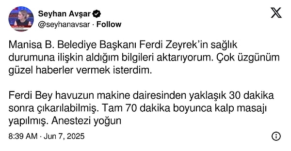 Gazeteci Seyhan Avşar da başhekimin açıklamalarından önce bir paylaşımda bulunmuştu;