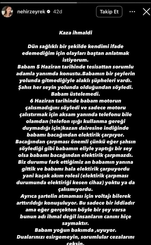 Ferdi Zeyrek’in kızı Nehir Zeyrek, olay anını yaptığı bir paylaşımla anlattı.