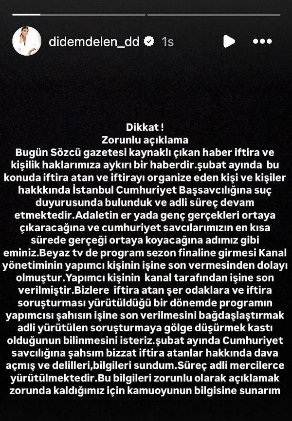 Gündemdeki haberlerin "iftira ve kişilik haklarına aykırı" olduğunu belirten Delen'den açıklama geldi. Görseli