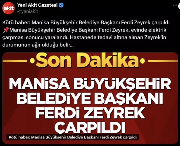 Daha önce Ferdi Zeyrek ile ilgili "Ferdi Zeyrek çarpıldı" ifadeleri kullanan Yeni Akit ise, yine çirkin ifadelere yer vermekten kaçınmadı. Görseli