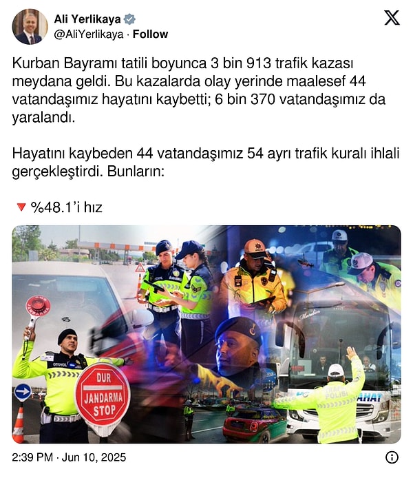 İçişleri Bakanı Ali Yerlikaya, bayramda trafik kazalarında 44 vatandaşın hayatını kaybettiğini açıkladı. Görseli