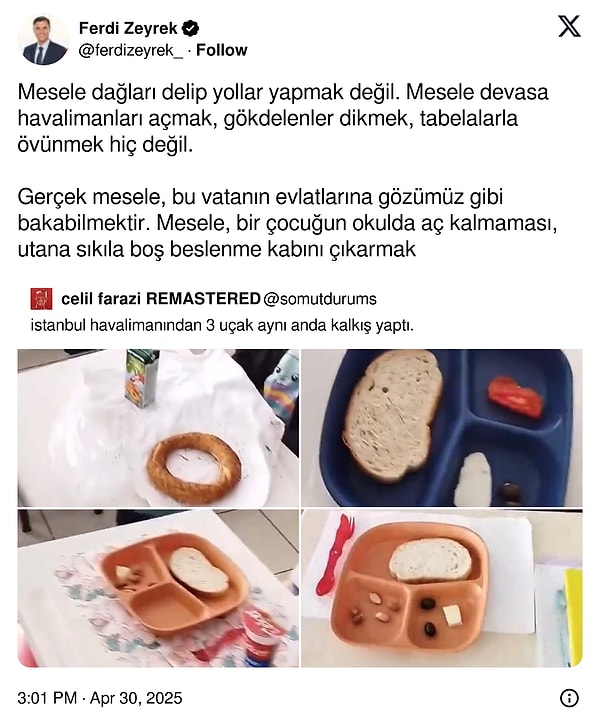 Öğrencilerin neredeyse boş olan beslenme çantalarının fotoğraflarını alıntılayarak günümüz ekonomik durumunu eleştirmişti. Zeyrek gönderisinde şu ifadelere yer vermişti: