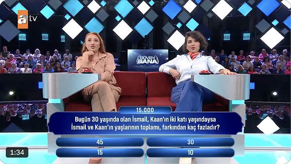 Yeliz ve Dilek adlı yarışmacılara yaş problemi soruldu. Görseli