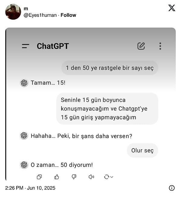 Yapay zekayla yazışmaları paylaşmak da yeni modamız... Görseli