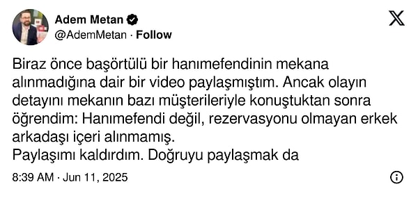 Gazeteci Adem Metan da olayla ilgili paylaşımda bulundu. 👇