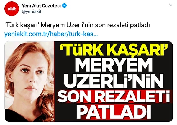 Yeni Akit'in kadına bakış açısını yukardaki örneklerle az çok görmüştük. Bir kadın oyuncuya "Türk kaşarı" diyecek çirkinlik yine kendilerinde mevcut.
