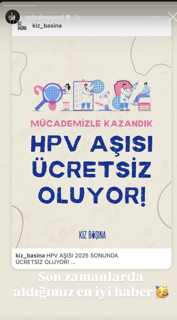 Ünlü oyuncu Aybüke Pusat'tan HVP aşısı paylaşımı.