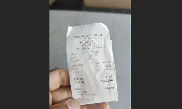 Gurbetçi, İzmir köfte, bulgur pilavı 100 TL ve yoğurt için 640 TL ödedi. Görseli