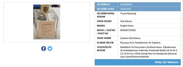 Ticaret Bakanlığı'nın English Home markasının ürünü hakkındaki açıklaması 👇 Görseli