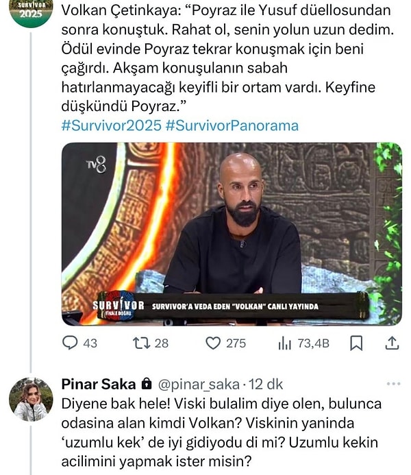Survivor'ın sona ermesinin ardından Panorama programına katılan Volkan'a, Pınar Saka'dan herkesi şaşırtan bir yorum gelmişti. Görseli