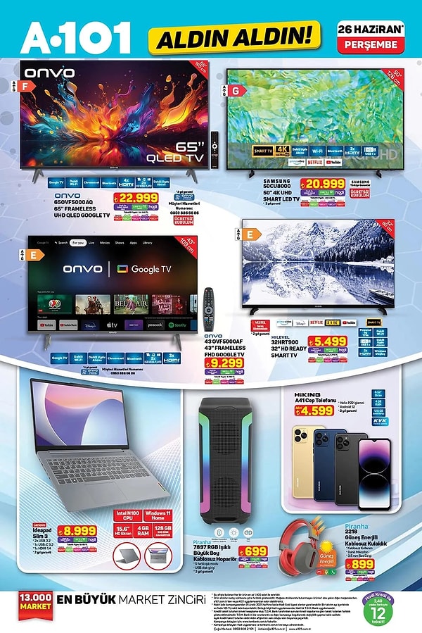 Onvo 65" Frameless UHD QLED Google Tv 22.999 TL