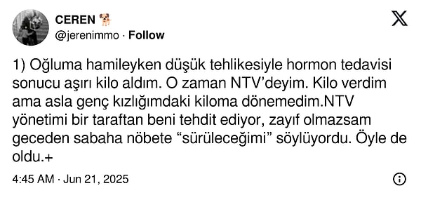 Eski haber spikeri Ceren Kerimoğlu NTV'de gördüğü kilo baskısını X hesabından anlattı👇🏻 Görseli