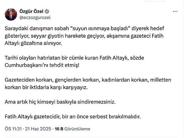 Özgür Özel'in paylaşımı şu şekilde: