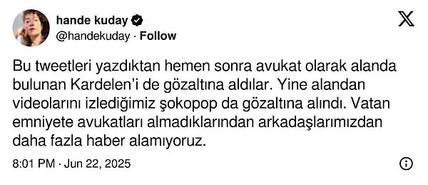 Avukat Hande Kuday, yürüyüşte Youtube içerik üreticisi Şokopop'un gözaltına alındığını açıkladı. Görseli