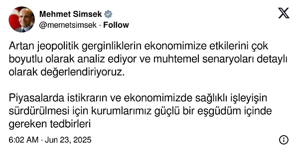Hazine ve Maliye Bakanı Mehmet Şimşek, Hürmüz Boğazı ile ilgili X hesabından bir açıklama yaptı.