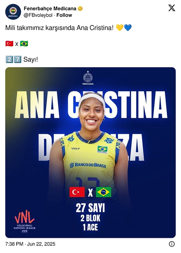 Fenerbahçe Voleybol, resmi hesaptan Ana Cristina'nın istatistiklerini paylaştı.