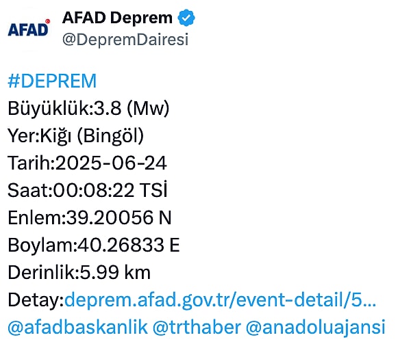 Merkez üssü Bingöl'ün Kiğı ilçesi olan 3.8 büyüklüğünde deprem meydana geldi. Görseli