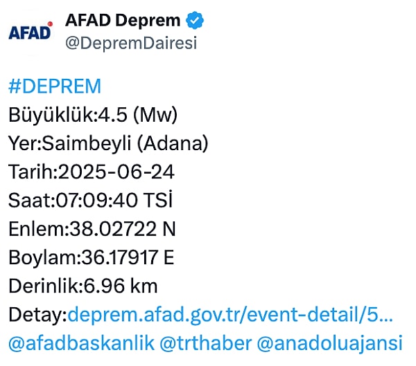 Adana'nın Saimbeyli ilçesinde 4.5 büyüklüğünde deprem meydana geldi. Depremde ilk belirlemelere göre herhangi bir olumsuzluk yaşanmadı. Görseli