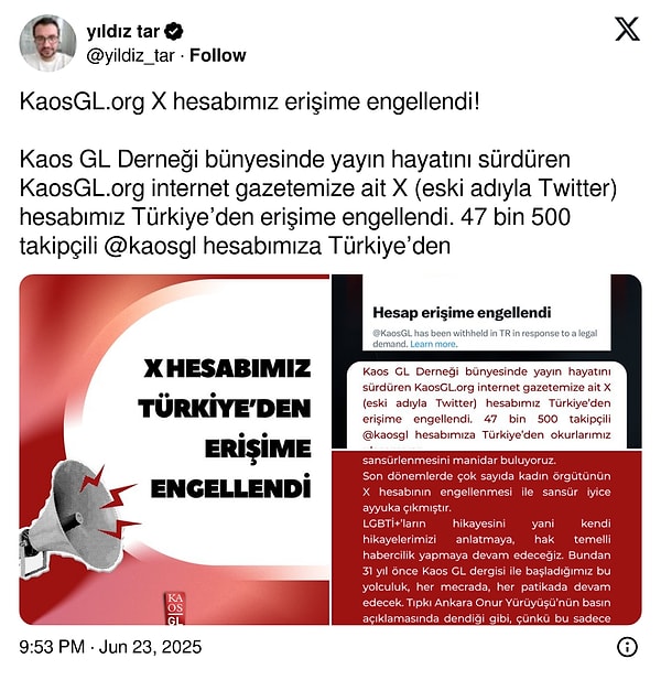 KaosGL.org Genel Yayın Yönetmeni Yıldız Tar’ın paylaşımı 👇