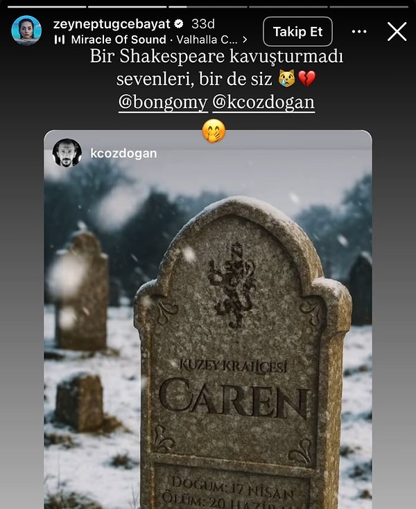 Karaktere hayat veren Zeynep Tuğçe Bayat, dizinin senaristleri Giray Altınok ve Kerem Özdoğan'ı etiketleyerek bir paylaşım yaptı.
