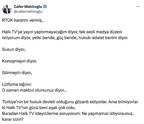 Halk TV'nin sahibi Cafer Mahiroğlu, cezanın ardından ilk açıklamayı yaptı.