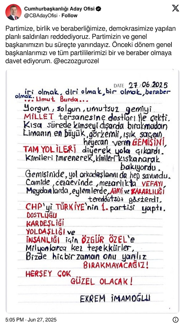 Ekrem İmamoğlu'ndan eski CHP Genel Başkanları'na çağrı.