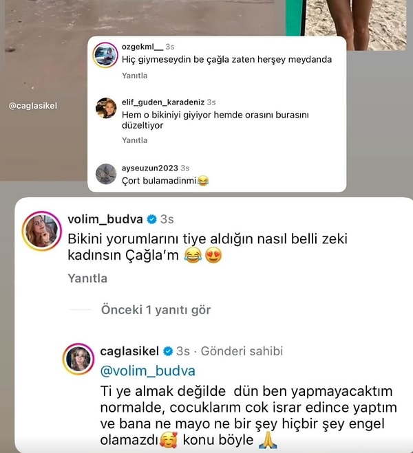 Çağla Şıkel, o yorumların altına bir kullanıcının yaptığı "Bikini yorumlarını tiye aldığın nasıl belli" yorumuna cevap vermeden duramadı.