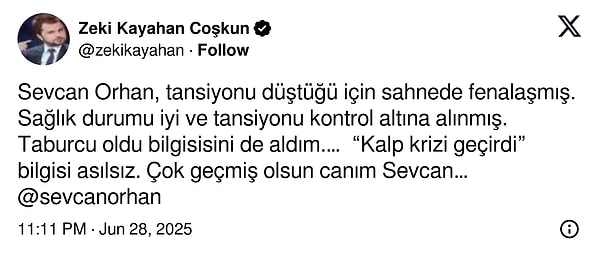 Zeki Kayahan Çoşkun da ünlü ismin tansiyon düşüklüğü nedeniyle fenalaştığını açıkladı. Görseli
